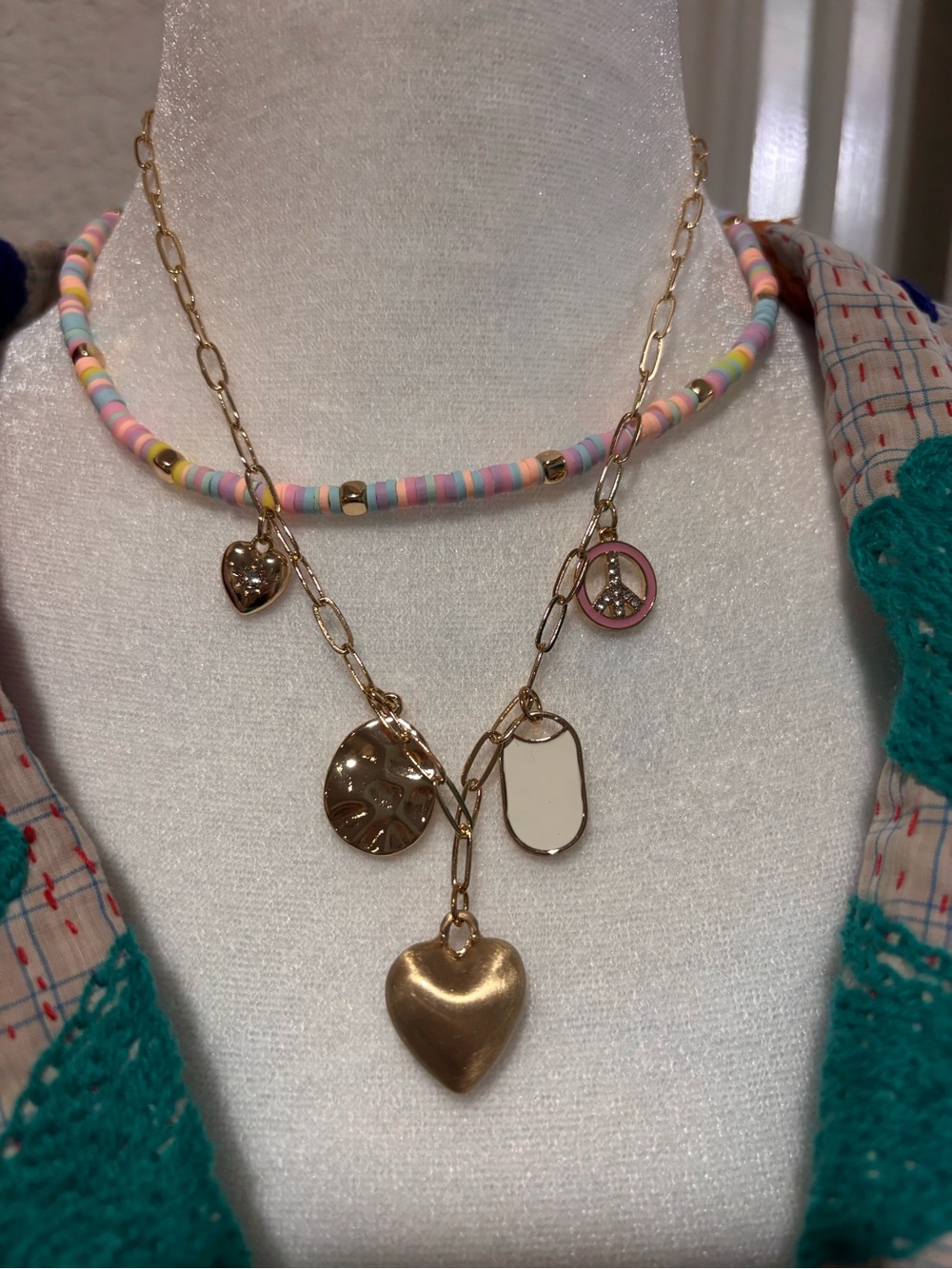 Gold Heart Charm Layered Necklace Set with Pastel Bead Choker